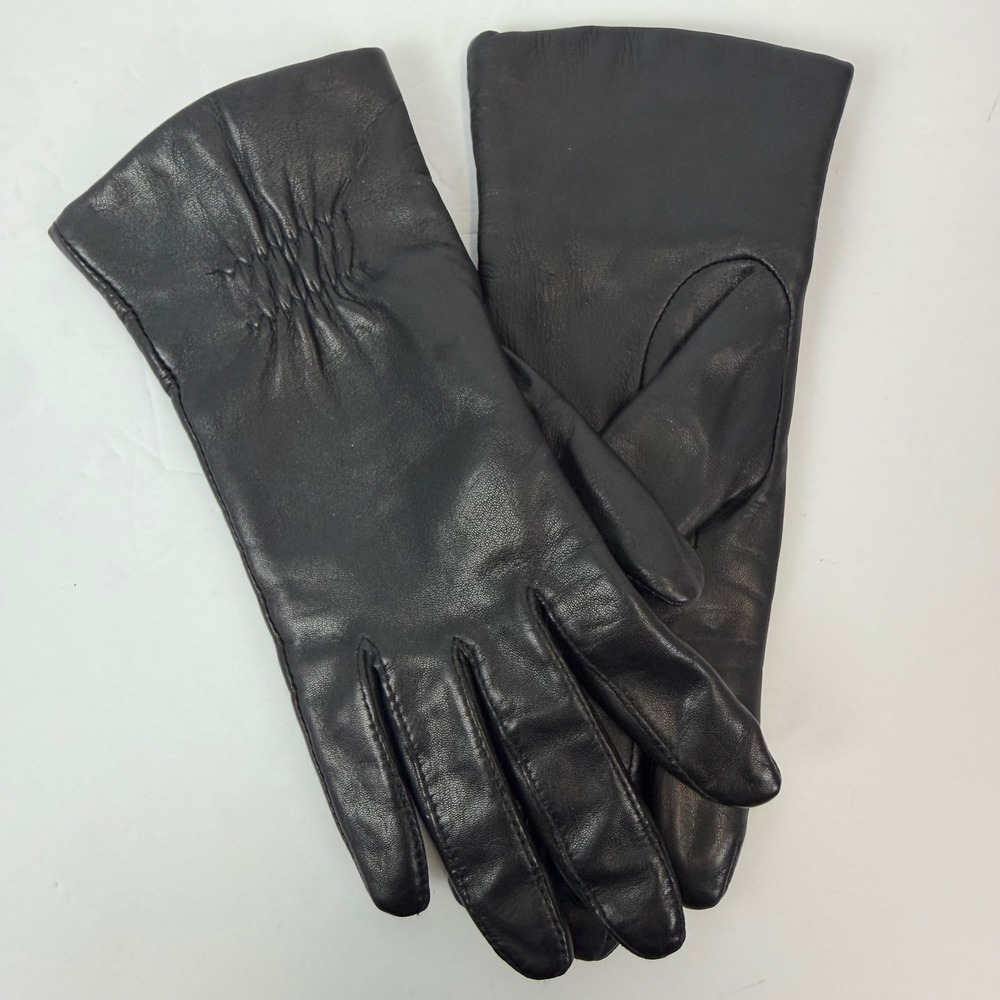 Genuine Leather Black Gloves Women Medium Gathered Wrist Lined WPL 9522